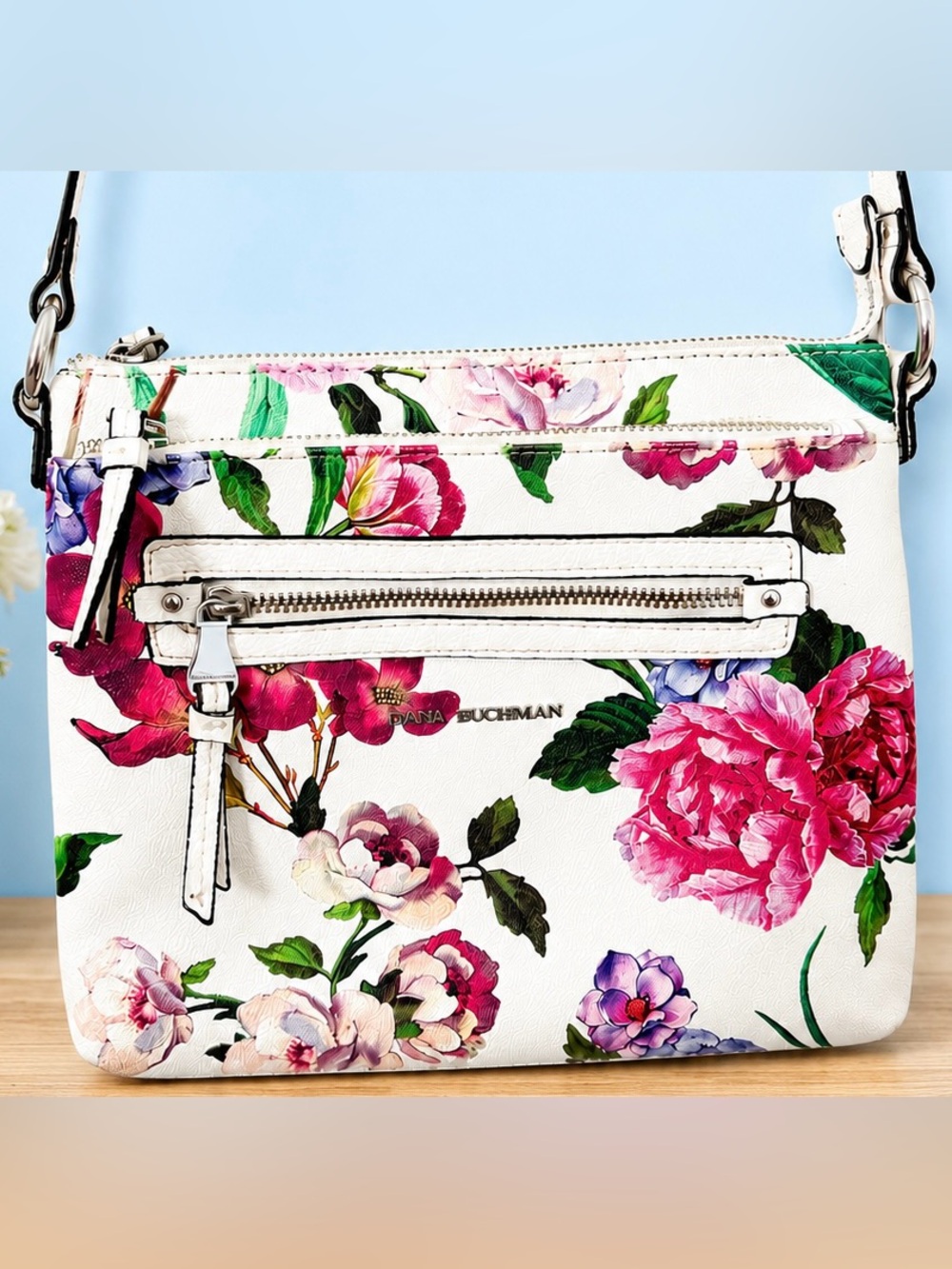Dana Buchman White Floral Crossbody Bag Pink Peony Spring Summer Purse - Picture 3 of 10